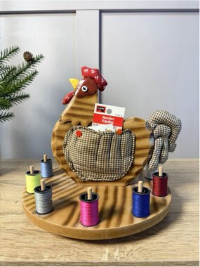 Vintage Folk Art Wood Chicken Spool Scissor Pin Cushion Holder Caddy